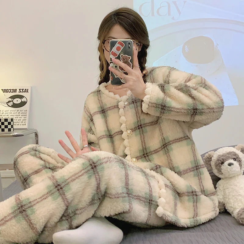 2025 New Flannel Plaid Sleepwear Women Winter Ruffles Pajama Pants Warm 2 Pieces Fluffy Button Night WearsSet Home Wear