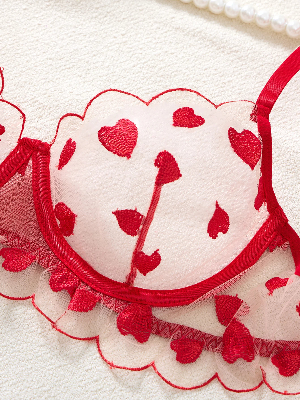 Valentine's Day exclusive red heart embroidery lingerie set-Sexy see-through mesh gathered bra thong set for two pieces ZA825203
