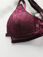 Women Sheer Lace Bra Set Front Hook Closure Wireless V Neck Brassiere Burgundy Floral Lace Underwear Panties Suit Sexy Lingerie
