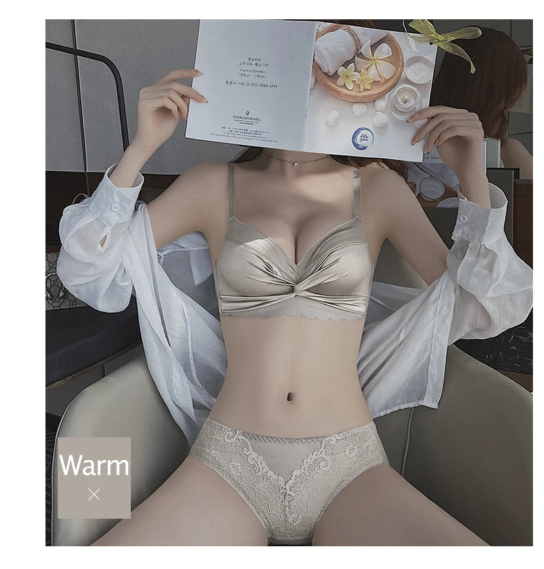 MOYISU Lingerie Women's Small Chest Gathering Summer No Underwire Retraction Breast Anti-sag Flat Bra Cover Underwear Set