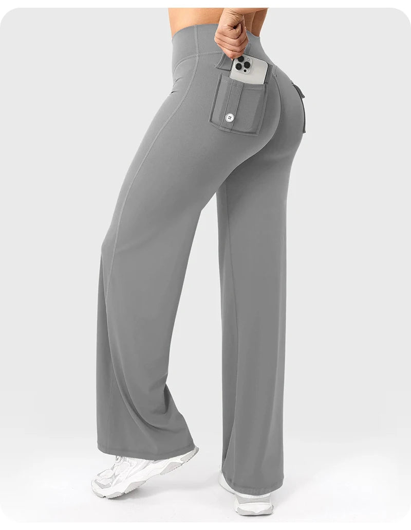 High Waist Pocket Yoga Pants for Women - Stretch Breathable Gym Workout Leisure Tummy Control Tights with Pockets