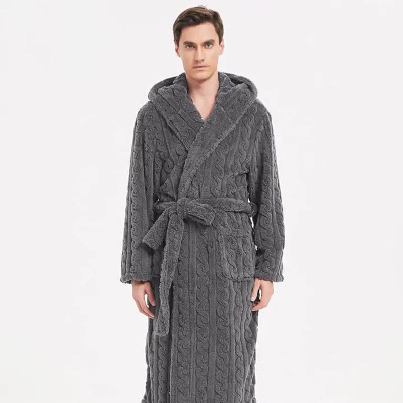 The New Fall and Winter Men's Warm Robe Pajamas Couple Robe Shu Cotton Velvet Jacquard Hooded Thickened Couple Robe Homewear