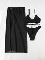 New 3 Pieces Halter Triangle Thong Bikini Set Swimsuit Women Black Swimwear with Sarong Skirts Dress Beach Wear Bathing Suits