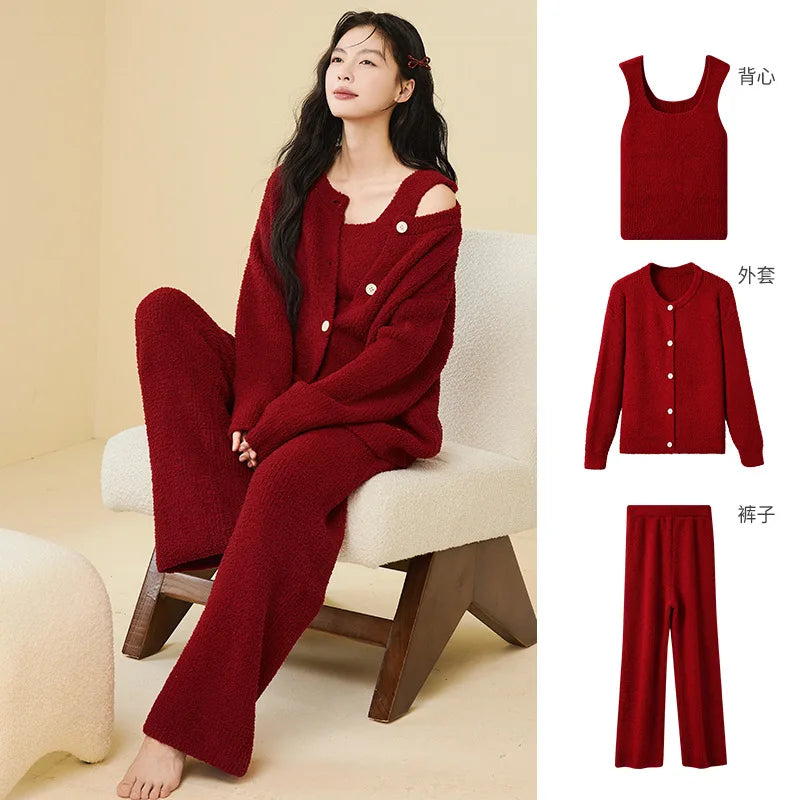 Women Autumn Winter Korean Style 3 Piece Camisole Pajama Set New Soft Half Velvet Elegant Wearable Outside Loungewear Sleepwear