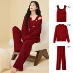 Women Autumn Winter Korean Style 3 Piece Camisole Pajama Set New Soft Half Velvet Elegant Wearable Outside Loungewear Sleepwear