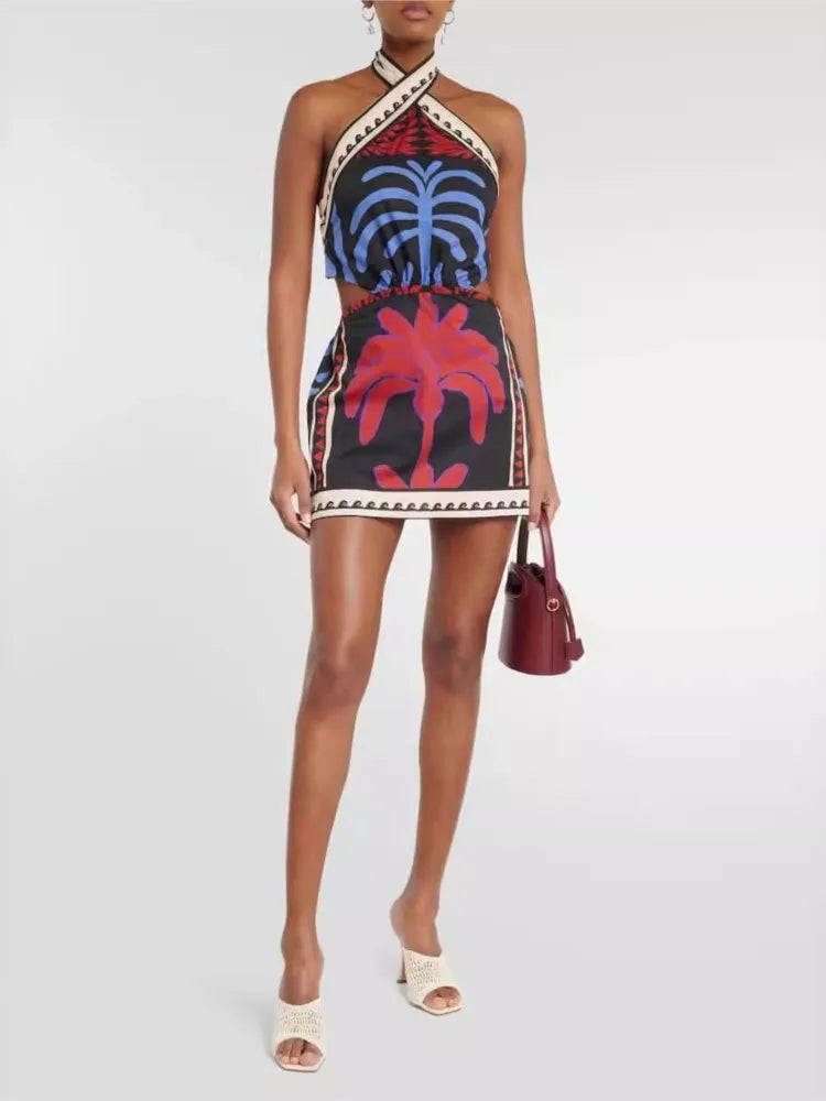 Bohemian Print Halter Neck Mini Dresses Women Sexy Backless Leace-up Beach Vacation Dress Fashion Beachwear Vestidos Summer New