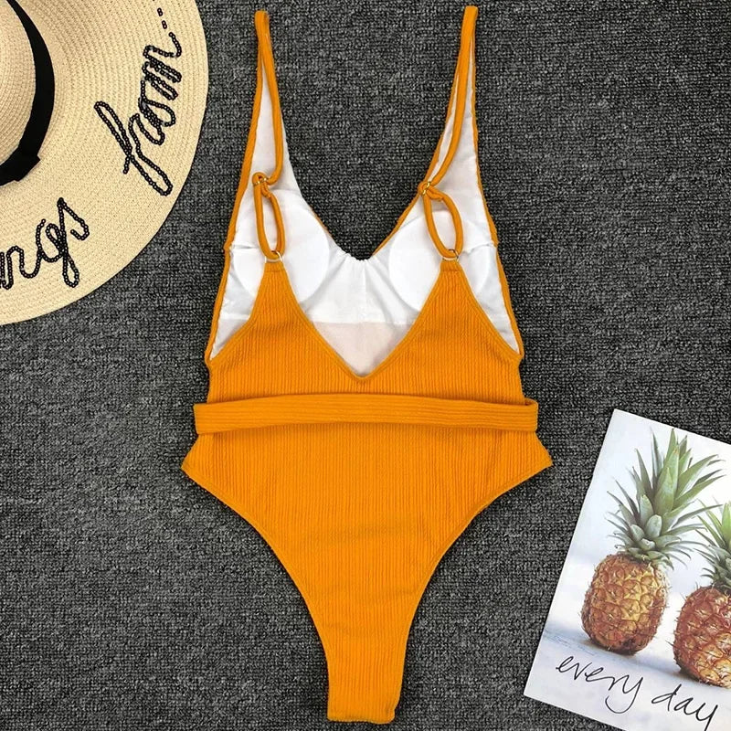 V Neck Ribbed High Leg Cut Women Swimwear One Piece Swimsuit Female Backless Monokini Bather Waist Belt Bathing Suit Swimwear