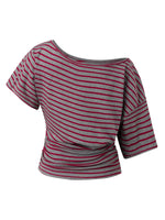 Women Elegant Summer Off One Shoulder Tops Striped Short Sleeve Loose Fit Basic T Shirts for Daily Wear