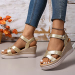 Fashion Gold Wedge Heel Sandals Women 2025 Cross Band Summer Platform Sandles Woman Plus Size Thick Bottom Rome Shoes Female