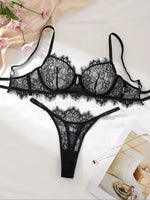 Black Lace Bra Brief Sets for Women Sexy Romantic Transparent Underwear with Flowers See through Erotic Lingerie