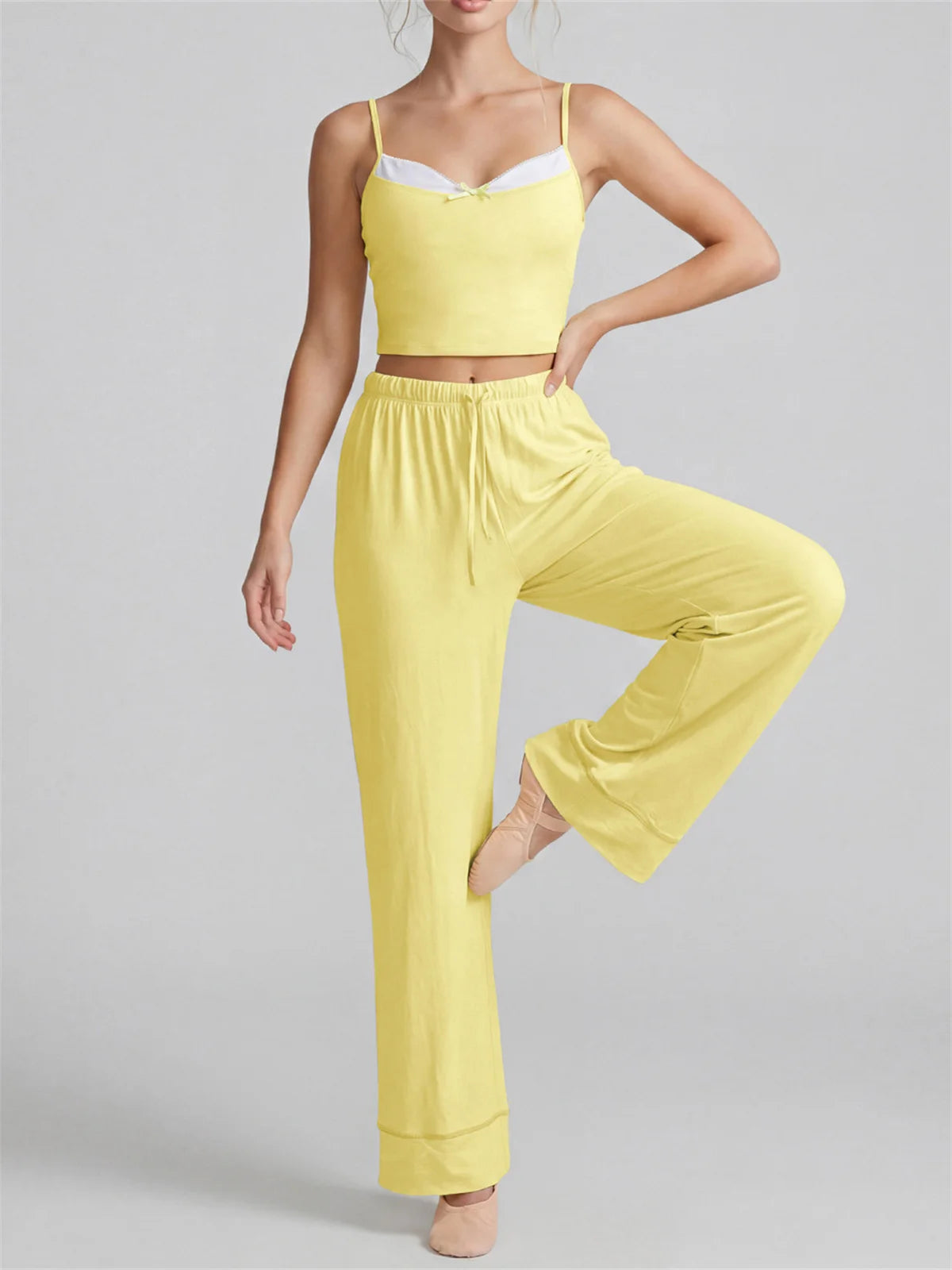 Women's Yoga Sets Yellow Patchwork Slimming Sports Tank Top Summer Gym Training Suit High Waist Wide Leg Pants Fitness Outfits