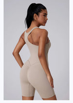 Sexy Fitness Yoga Jumpsuit Women Sleeveless Slim Playsuit Pleated Hollow Running Scrunch Shorts Romper One Piece Sports Suit