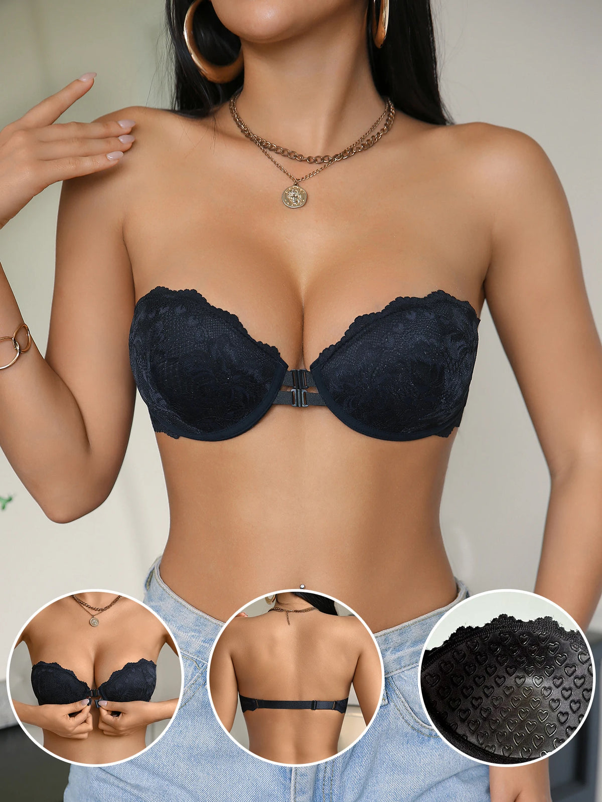 Women Solid Strapless Bra Lace Spliced Front‑Closure Push‑Up Underwear Invisible Non‑Slip Breathable Bra