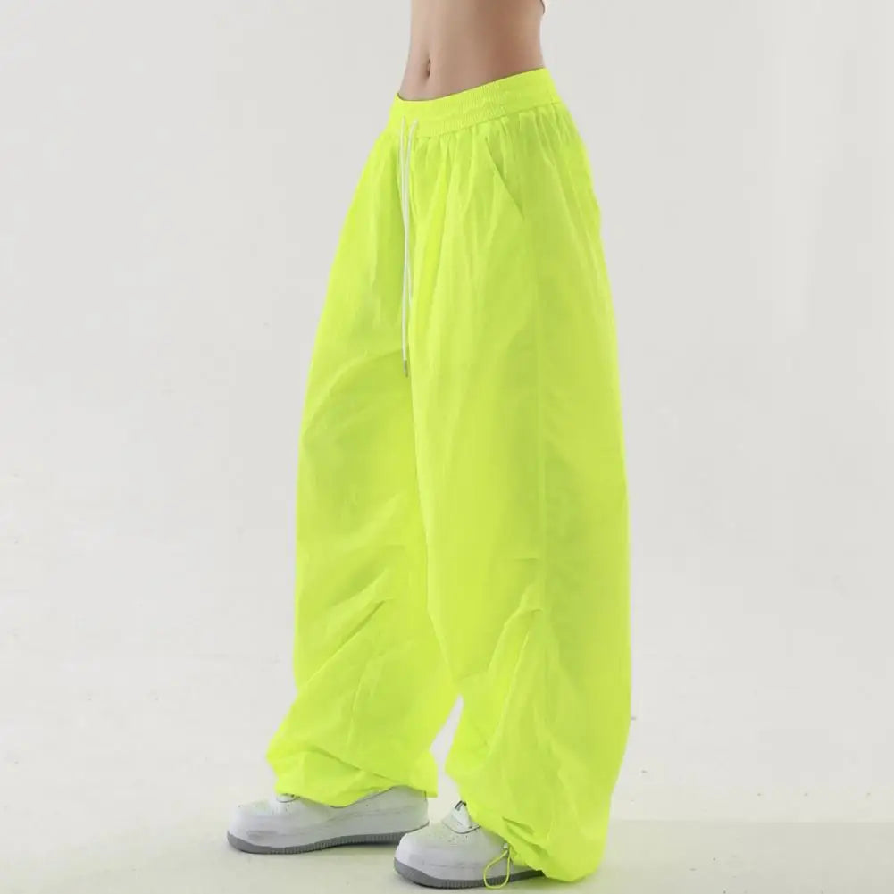 Women Sport Pants Wide Leg Elastic Waist Adjustable Drawstring Long Pants Solid Color Leisure Travel Cargo Trousers