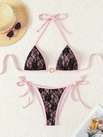 Embroidery Mesh Lace Halter High Cut Bikini Female Swimsuit Women Swimwear Two-pieces Bikini Set Bather Bathing Suit Swim Beach
