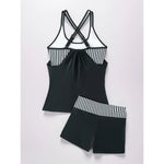 Women's Conservative 2 Piece Swimsuit Black Stripe Print Patchwork Tankini Bikini Set Suspender Cross Backless Bathing Suit 2025