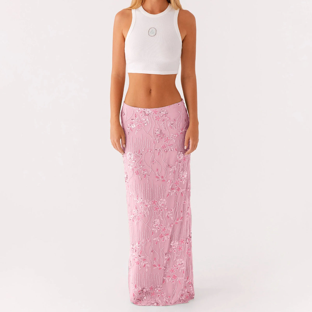 Elegant Beading Sequined Long Skirt for Women Summer Casual Floral Embroidery Maxi Straight Skirts for Beach Club Streetwear