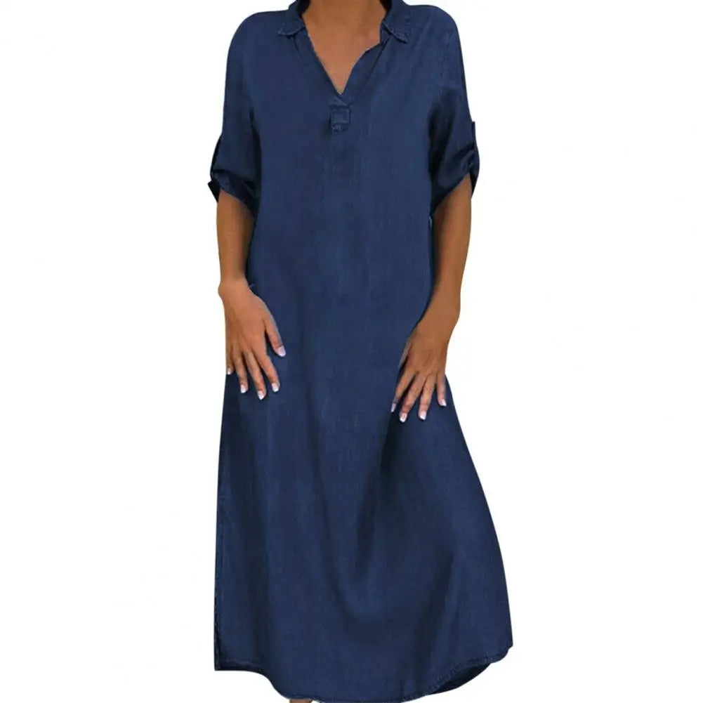 Autumn Spring Women Dress V Neck Loose Short Sleeves with Cufflink Split Hem Dress Buttons Pullover A-line Beach Maxi Dress