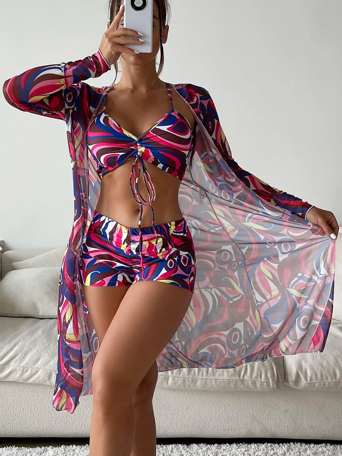 3 Pieces Sexy Print Bikini 2026 Women High Waist Swimsuit & Kimono Swimwear Female Lady Bathing Suit Swimming Summer Beachwear
