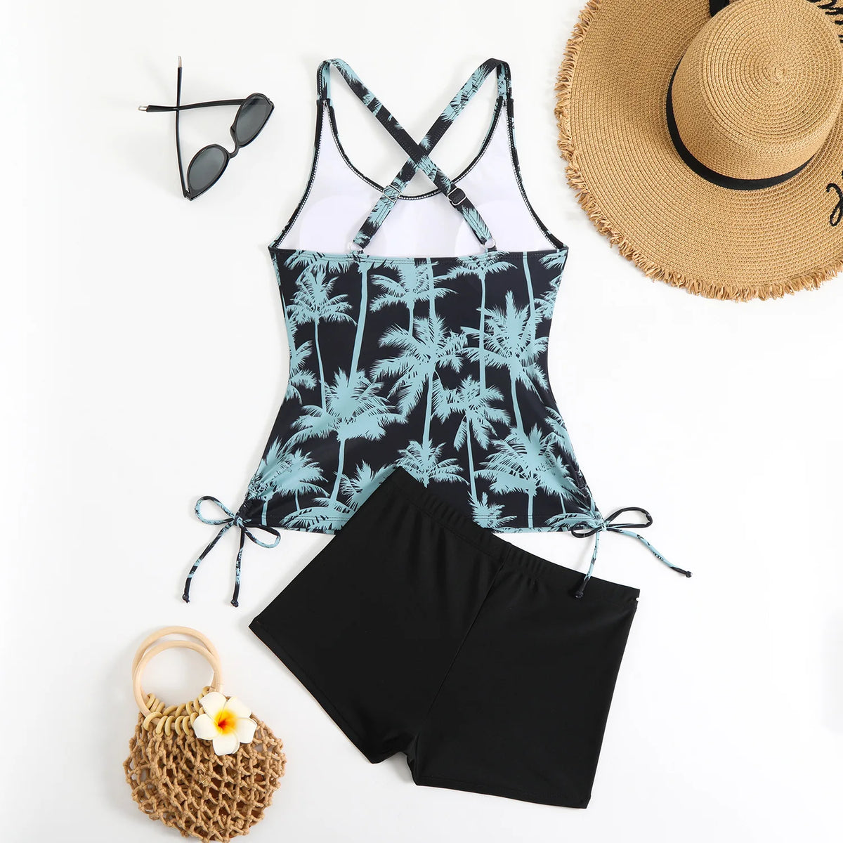 High Waist Swimwear Women 2025 New Two Pieces Swimsuit with Shorts Coconut Palm Print Tankini Set Summer Bathing Suit Trunks