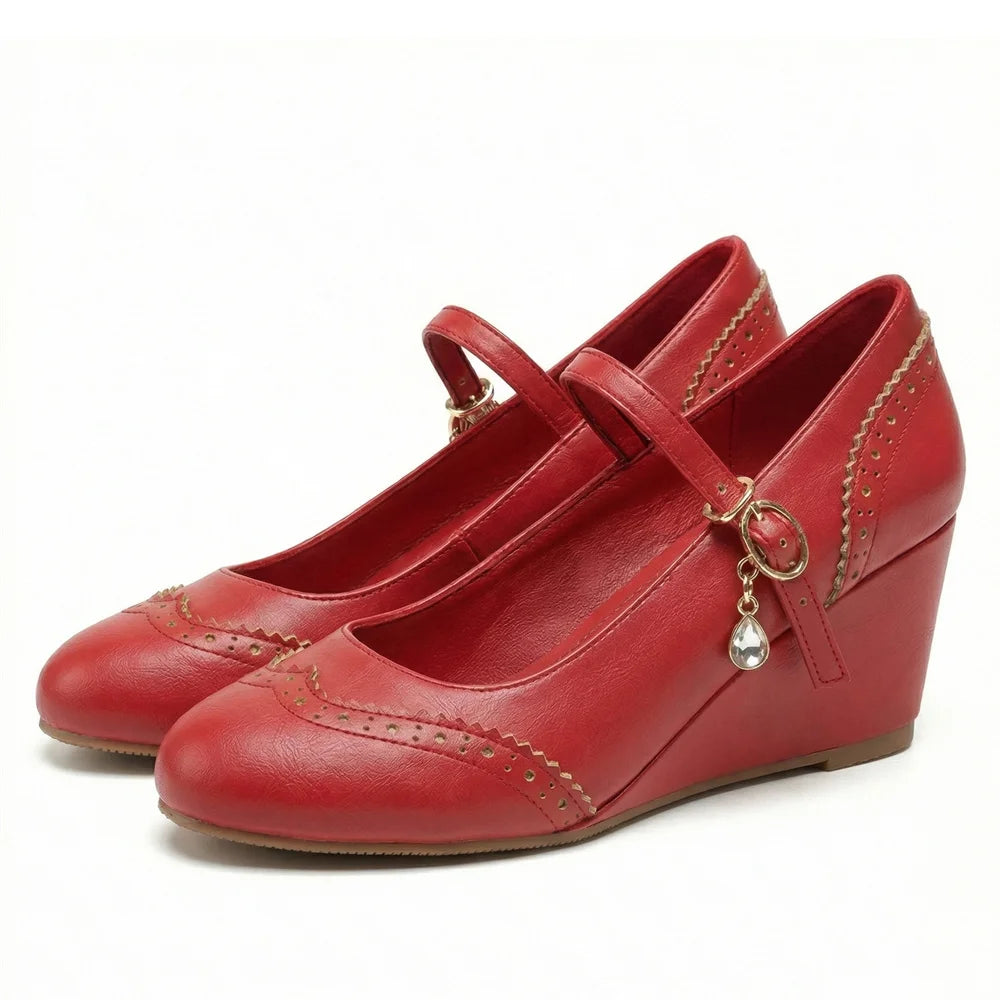 2026 Small Big Size 32-48 Vintage Green 7cm High Heels Wedges Pumps White Red Comfy Walk Summer Mary Janes Brogue Shoes Women