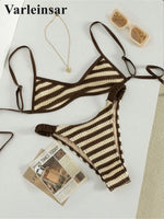 Striped Crochet Knitted Bikini Female Swimsuit Women Swimwear Two-Pieces Bikini Set High Leg Cut Bather Bathing Suit Swim V8225