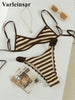 Striped Crochet Knitted Bikini Female Swimsuit Women Swimwear Two-Pieces Bikini Set High Leg Cut Bather Bathing Suit Swim V8225