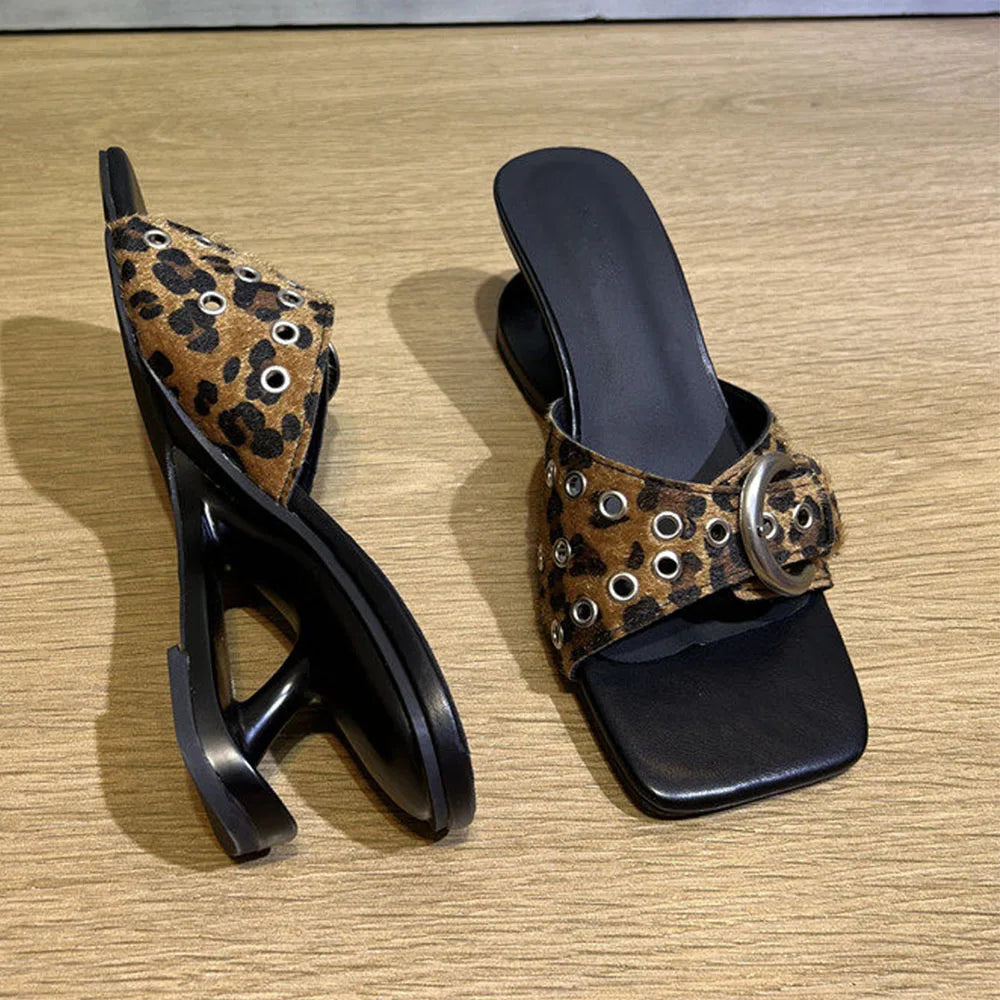 Women's Vintage y2k Leopard Slide Mules Sandals Unique Curved Hollow Sculpted Wedge Heel Slip On Designer Heels Shoes Size 43
