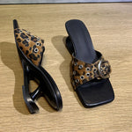 Women's Vintage y2k Leopard Slide Mules Sandals Unique Curved Hollow Sculpted Wedge Heel Slip On Designer Heels Shoes Size 43