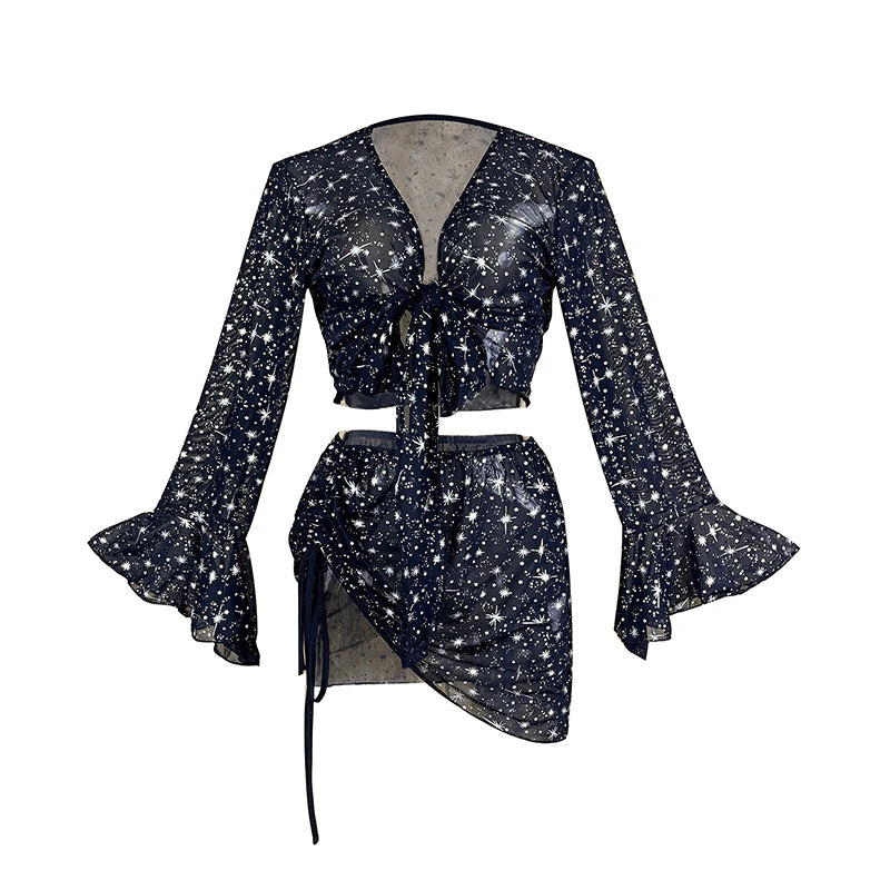 Summer Sleepwear Starry Sky Mesh Pajamas Set Women Flared Sleeve V-Neck Crop Top+Drawstring Bodycon Skirt 2 Pieces Shiny Pajamas