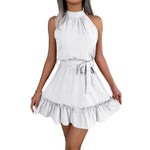 Elegant Halter Mini Dress For Women Solid Color Off Shoulder Sleeveless A Line Summer Dress Tie Waist Ruffled Hem Office Dresses