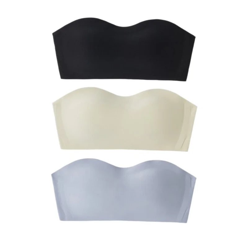 3Pcs/Set Women Strapless Bandeau Bra Removable Straps Seamless Wireless Multi‑Hook Back Closure Bra For Multi‑way Wearing