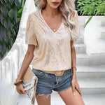 Shiny Sequins Tee Shirt Women T-shirt V-Neck Short Sleeve Loose Fit Summer Sexy Tops Holidays Parties Wear