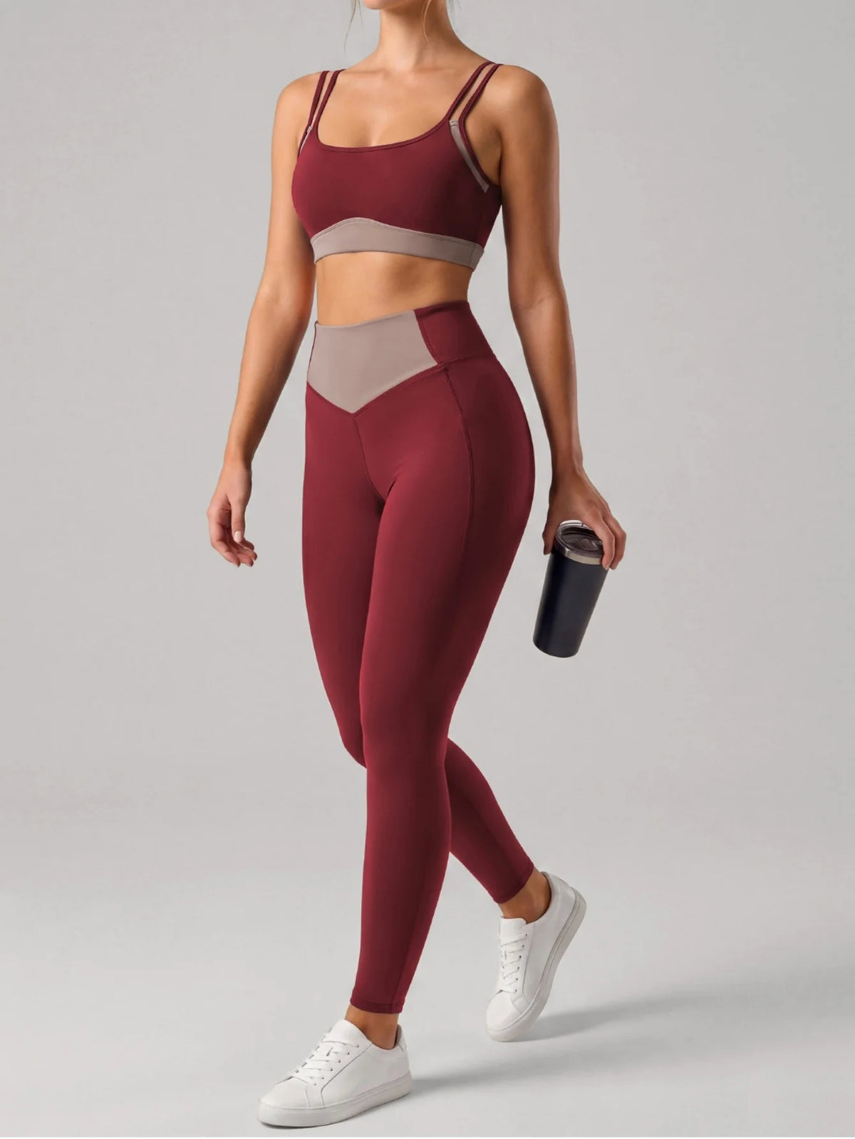 Summer Color-block Yoga Sets Women Thin Strap Open Back Shockproof Sports Bra Tight High Waist Leggings Training Fitness Suits