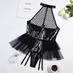 PU Latex Leather Open Crotch Bodysuit for Women Sexy Underwear Lingerie Set Erotic Mesh See Through Costumes