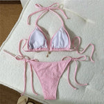 Pink Flower Emboss Solid Swimwears Halter String Triangle Bikini Micro Thong Sexy Swimsuit Women 2026 Bathing Suit Bikinis Sets