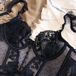 French Sexy Lingerie Set Women Ultra Thin See Through Embroidery Lace Bra & Thong Push Up Underwear Shaping Camisole Set MOYISU