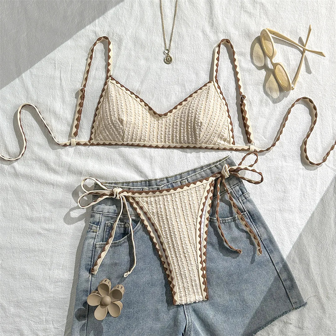 Wrinkled Crinkled Bikini Women Swimwear Female Swimsuit Two-pieces Bikini Set High Leg Cut Padded Bather Bathing Suit Swim V8029