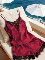 Women's Satin Camisole Shorts Set, Lace Trim Cami Top and Shorts, Silky Spring Summer Sleepwear Loungewear Pajama