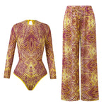 S - XL New Flower Printed Floral Long Sleeve With Pants One Piece Swimsuit Women Swimwear Female Bather Bathing Suit Swim V7099