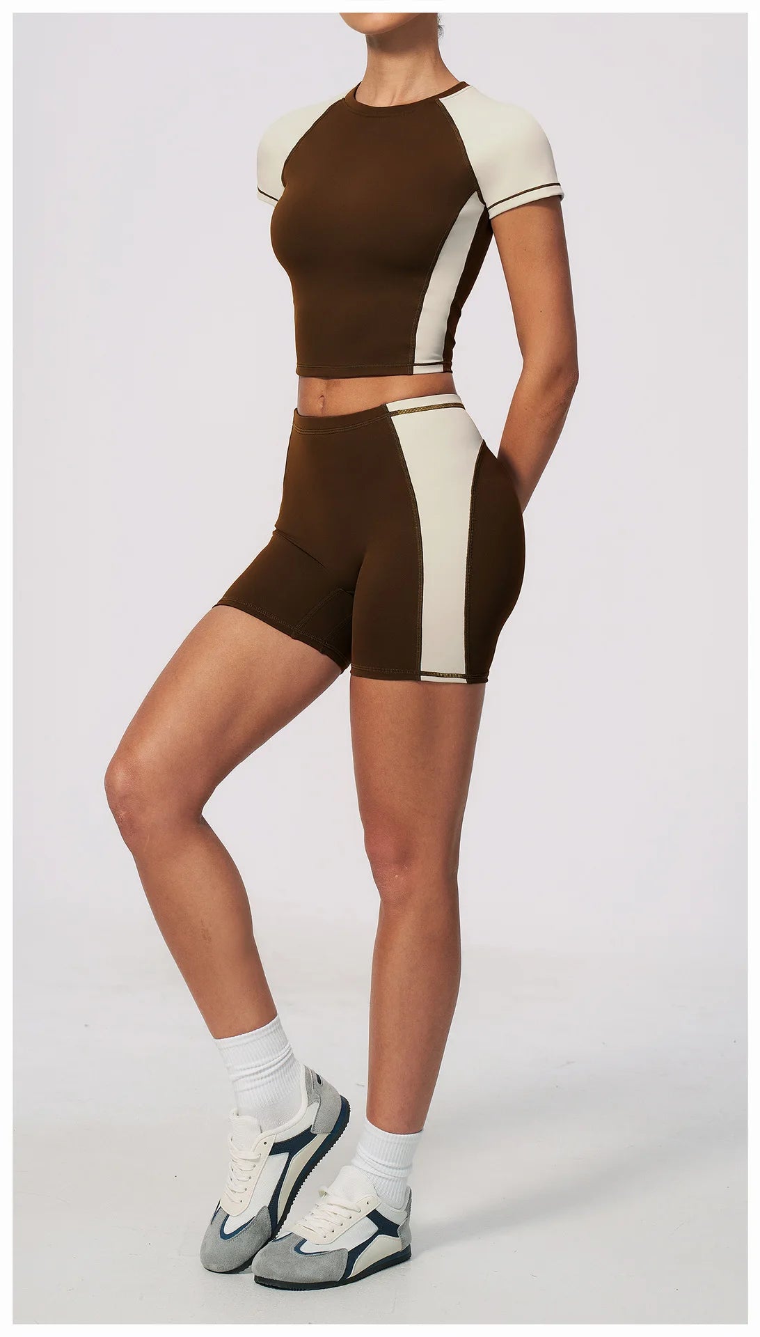 Summer New Yoga Sets Women Breathable Contrasting Color Short Sleeve Slim Sports T Shirts Training Running Shorts Fitness Suit