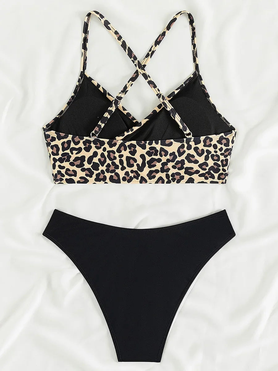 Criss Cross Back Leopard Bikini Women Swimwear Female Swimsuit Two Pieces Bikini Set Bather Bathing Suit Swim Beach Wear Lady