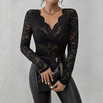 Women Sexy Base Layer Shirt Solid Black Sheer Lace Top Slim Flower Scallop Trim V Neck Long Sleeve T-shirt Trendy Tight Lace Top