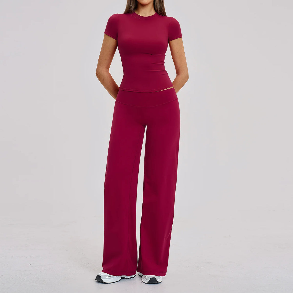 Yoga Set 2 Pieces Women's Tracksuit Short Sleeve O Neck Slim Sports T Shirts High Waist Flare Leggings Gym Running Fitness Suit