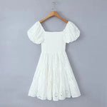Puff Sleeve Cotton White Lace Dress Women Summer 2025 Square Collar Vintage Beach Short Dress Petite Flower EmbrioderyDress