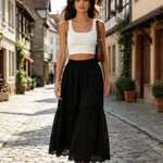 Women's Summer Hollow-Out Hem Elastic Waist Skirts Fashion Casual A-line Skirts Solid Color Long Skirts