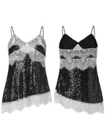 Women Sequin Camisole Tops Spaghetti Strap V Neck Lace Trim Loose Fit Tank Tops Summer Daily Casual Elegant Vest Streetwear