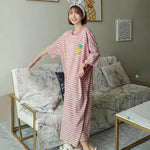Women Summer Nightdress Short Sleeve Loose Breathable Comfortable Sleeping Polyester Stripes Print Night Robe Women Clothing
