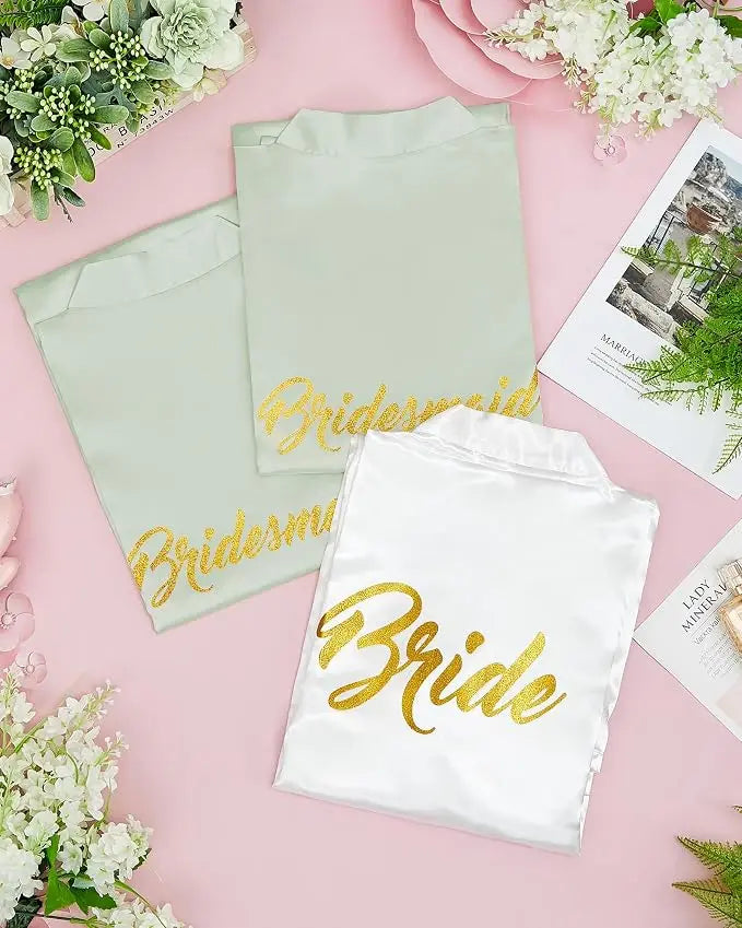 Bridesmaid Robes Satin Bridal Party Embroidered Bride Design, Kimono Sleeves, Smooth Satin Feel, for Getting Ready Photos, Brida