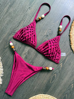 Sexy Pearls Strap Hole Out Micro Bikini Women Brown Knitted Push Up Bra Thong Swimsuit Summer Bathing Suit Holiday Swimwear 2026